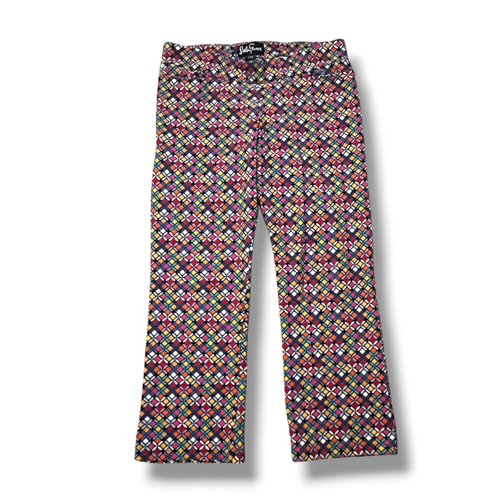 Lesley Evers Audrey Knit Pants Large Fioretta Colorful Geo Print Preppy Pockets - Picture 4 of 10